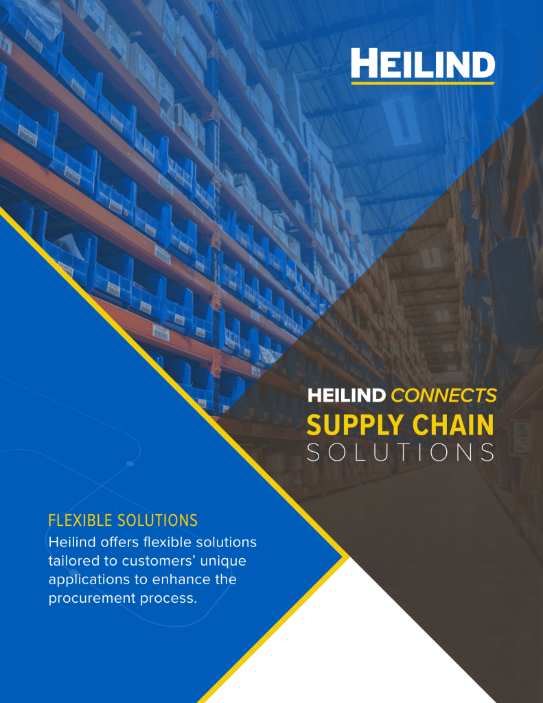 Heilind Electronics supply chain solutions poster showing warehouse shelves and flexible logistics services.