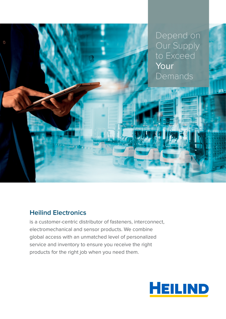 Warehouse worker using a digital tablet to manage inventory with forklifts in the background – Heilind Electronics supply chain and distribution services.