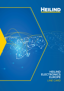 Cover for Heilind Electronics Line card, with blue background and yellow details