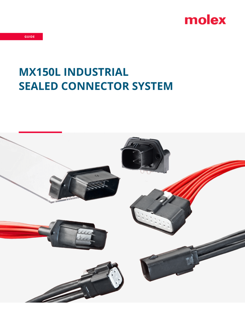 Molex MX150L industrial sealed connector system with black connectors and red and black wiring.